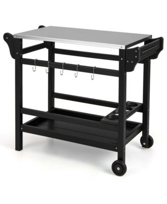 Movable Outdoor Dining Cart Table with Stainless Steel Tabletop, Seasoning Tray