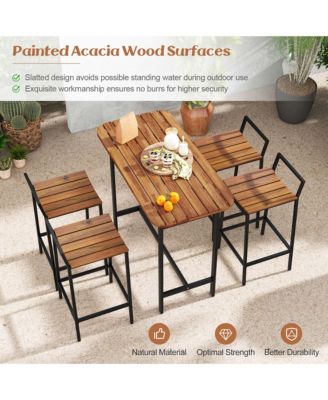 5 PCS Acacia Wood Bar Table Set Outdoor Bar Height Table & Chairs