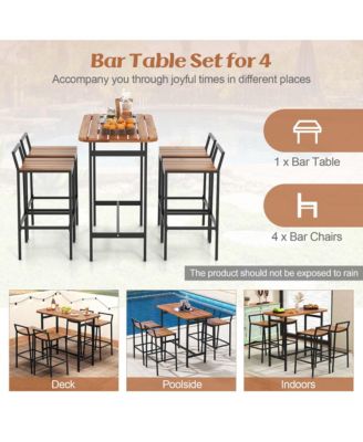 5 PCS Acacia Wood Bar Table Set Outdoor Bar Height Table & Chairs