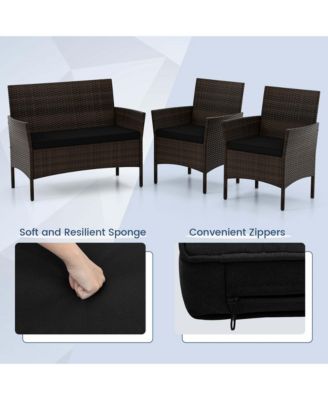 4 Pc. Patio Furniture Set with Washable Cushions and Tempered Glass Coffee Table