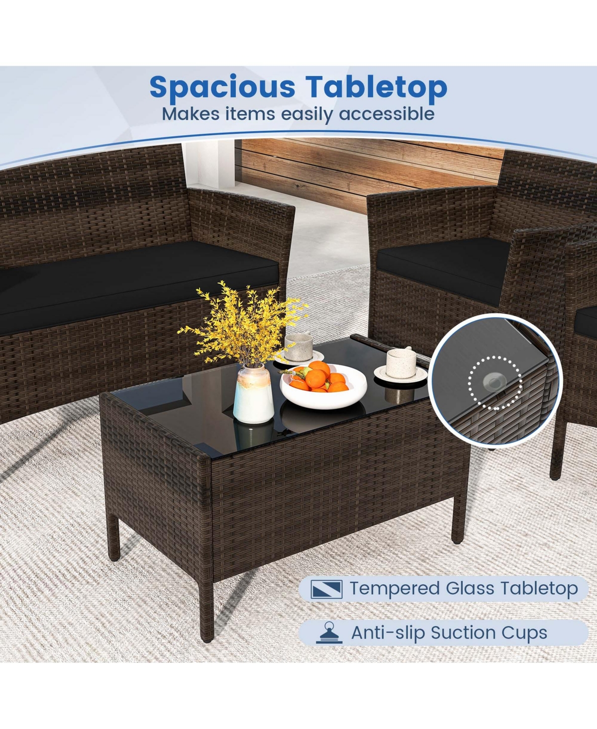Costway 4 Pcs Patio Furniture Set with Washable Cushions and Tempered Glass Coffee Table