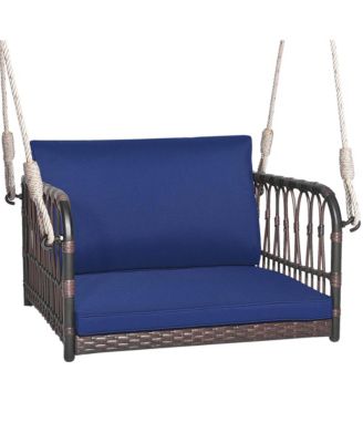 Porch Swing Chair Rattan Woven Hanging Bench Seat with Cushions Hooks Balcony Navy