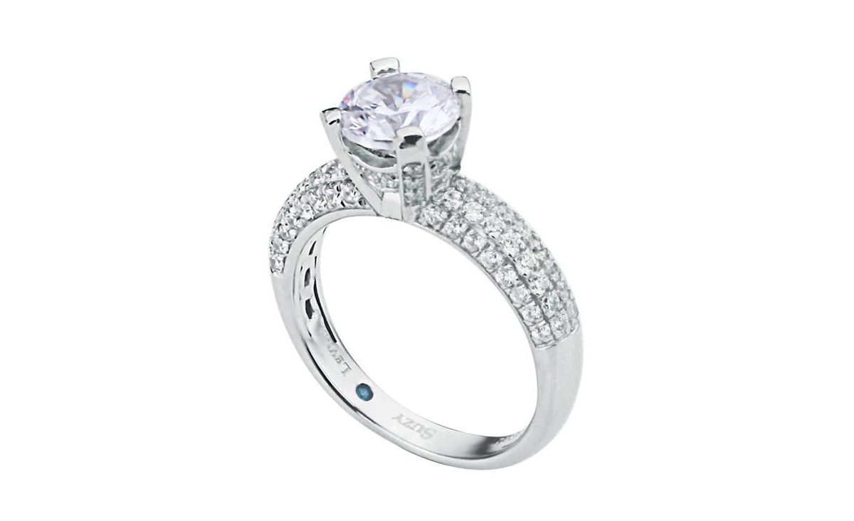 Suzy Levian New York Suzy Levian Sterling Silver Cubic Zirconia Bridal Pave Center Stone Ring
