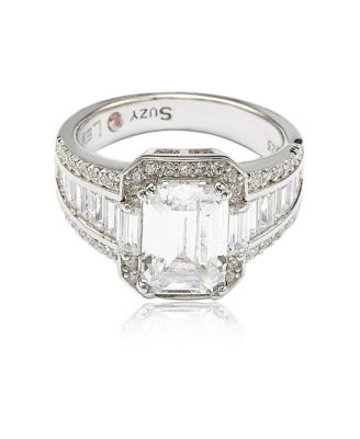 Suzy Levian Sterling Silver Cubic Zirconia Emerald-Cut Center Stone Ring