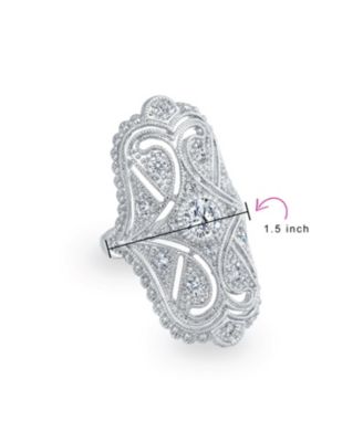 Deco Antique Style Filigree Pave Cubic Zirconia CZ Wide Armor Full Finger Fashion Statement Ring Rhodium Plated Brass