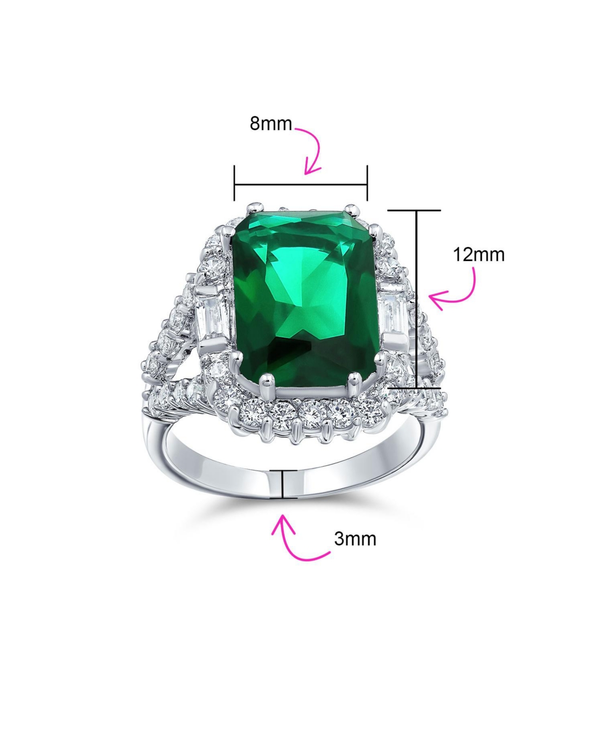 Bling Jewelry 7CT Cubic Zirconia Cz Pave Rectangle Green Emerald Cut Statement Fashion Ring For Women Rhodium Plated Brass