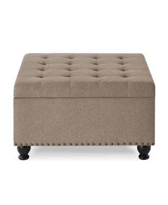 Linen Upholstered Storage Ottoman/coffee table with Wooden Legs