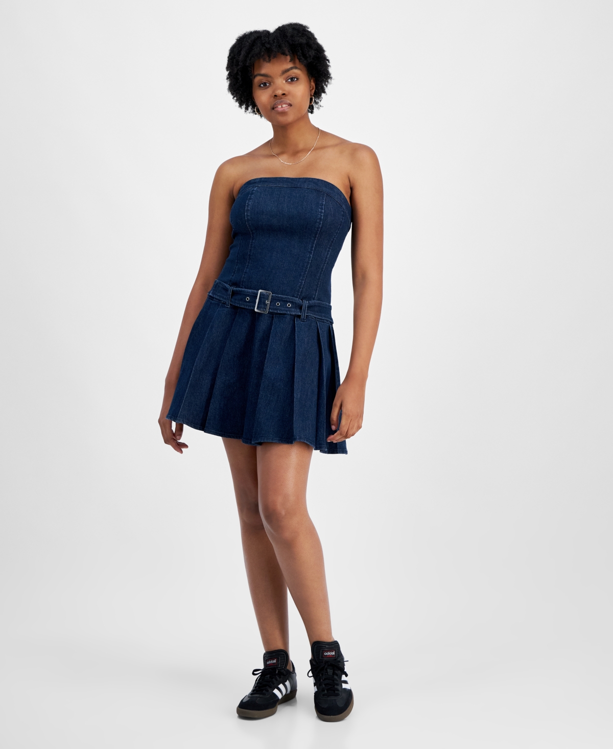 Juniors' Pleated Strapless Denim Dress - Dark Rinse