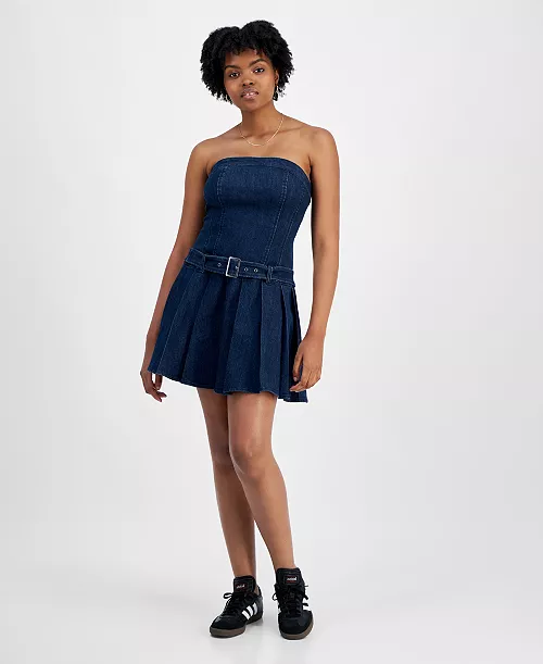 juniors' pleated strapless denim dress