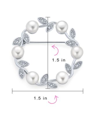 Elegant Classic White 7MM Freshwater Cultured Pearl Circle Leaf Scarf Brooch Pin Sterling Silver