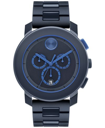 Movado Men's Swiss Chronograph Bold Navy Polyurethane and Stainless Steel Bracelet Watch 44mm 3600270