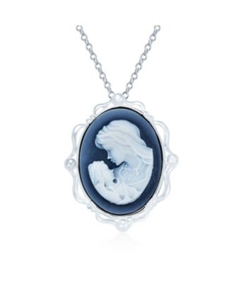 Classic Antique Brooche Pin Blue White Victorian Lady Cameo Pendant & Necklace