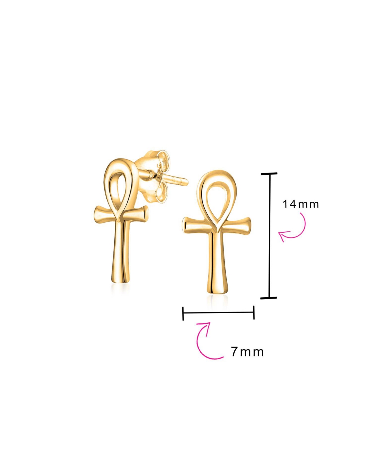 Bling Jewelry Minimalist Petite Delicate Religious Symbol of Life Egyptian Ankh Cross Stud Earrings For Women 14k2.5 Microns Vermeil Sterling Si