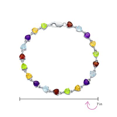 Multicolor Citrine Peridot Garnet Aquamarine Amethyst Heart Shape Tennis Bracelet Sterling Silver 7 Inch