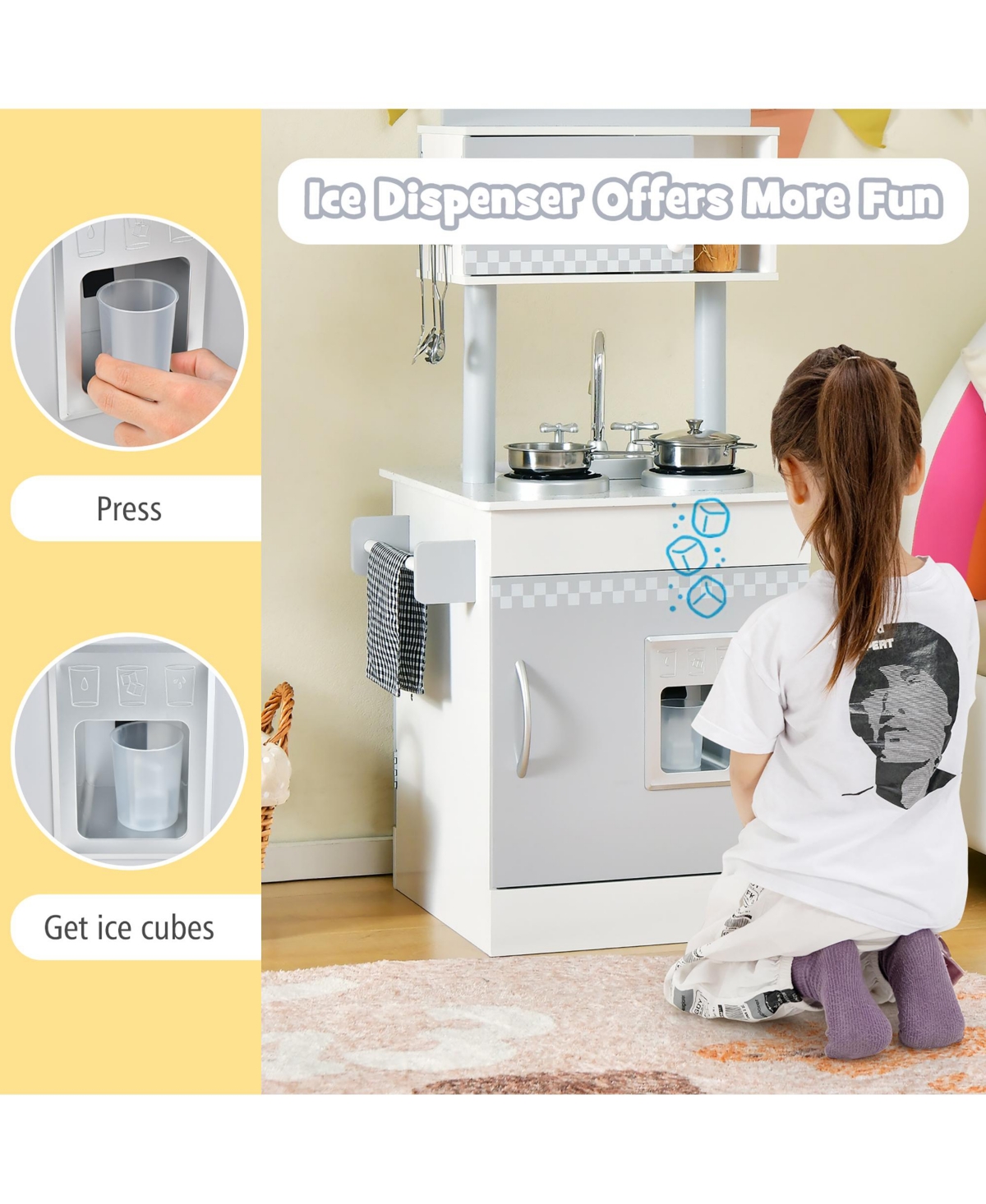 Kids Kitchen PlaySet Pretend Wooden Play Kitchen with IceDispenser&Stovefor Toddler