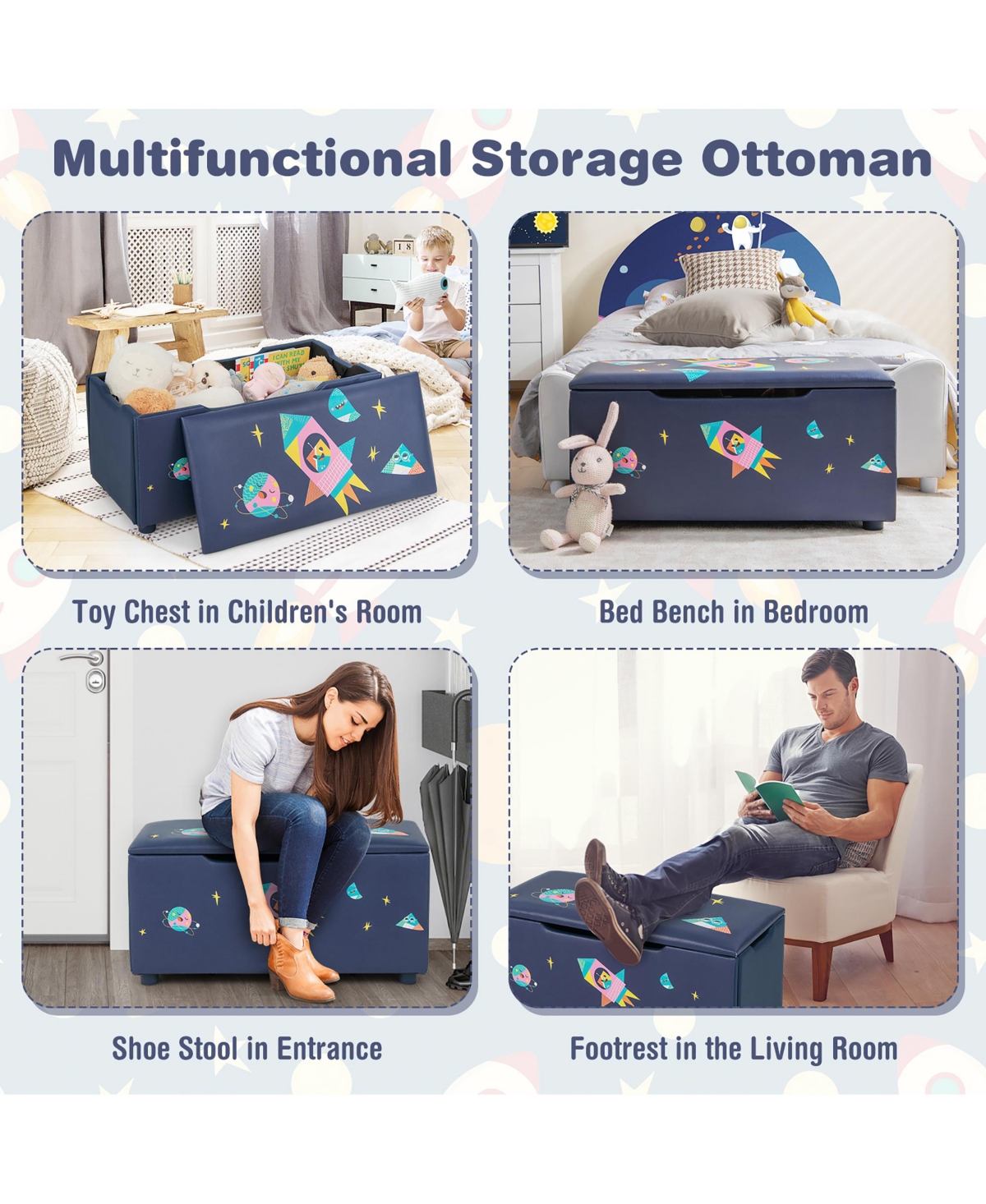 Costway Kids Upholstered Storage Ottoman Bench Versatile Toy Chest Footrest Stool