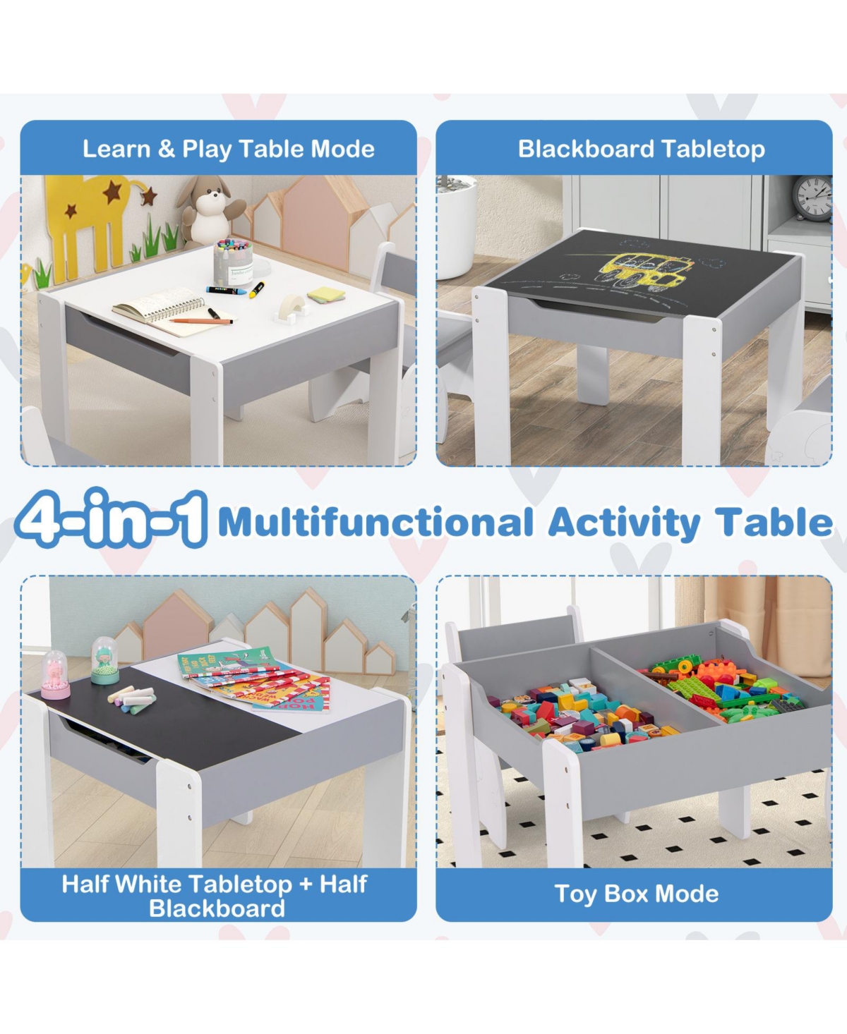Slickblue 4-in-1 Wooden Activity Kids Table and Chairs with Storage Detachable Blackboard