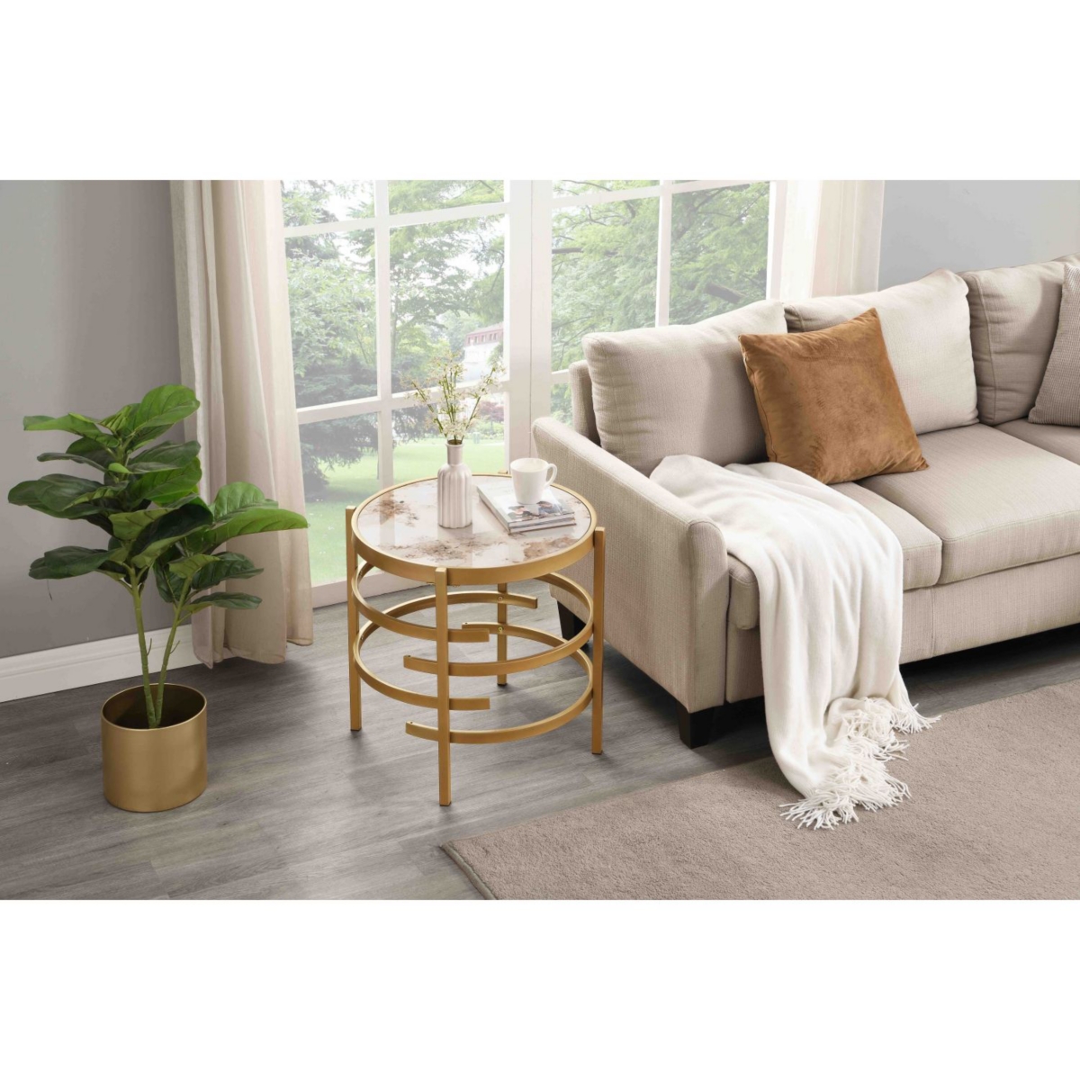 Simplie Fun Modern Side Table, Pandora Stone End Table, Golden Coffee Table 20.67"W X 20.67"D X 21.65'H