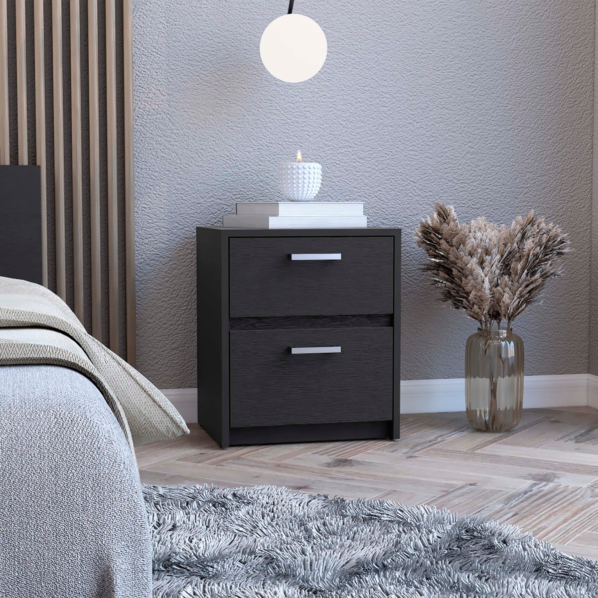 Simplie Fun Trivor 2 Drawers Nightstand, Metal Handles - Black