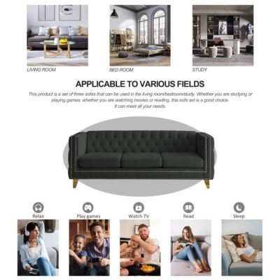 Modern Black Velvet Sofa with Tufted Square Arm