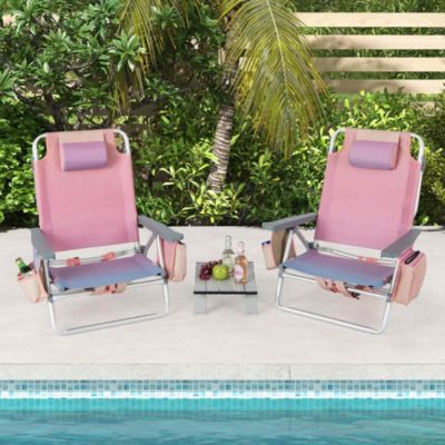 2-Pack Folding Backpack Beach Chair Table Set 5-Position Outdoor Reclining Chair