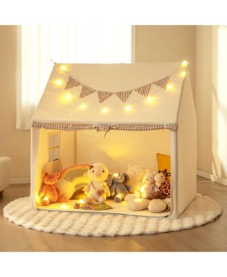 Kids Play Tent Large Playhouse with Padded Mat 2 Breathable Windows Star Lights