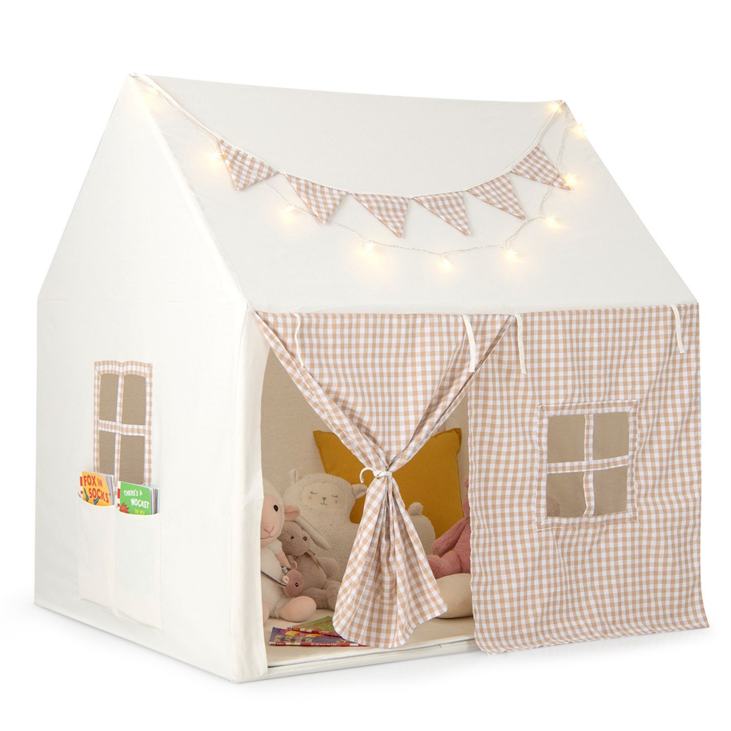 Детская игрушка Costway Large Playhouse with Padded Mat and Star Lights Play Tent, Ages 3+, цвет: Бежевый / Хаки — фото 3