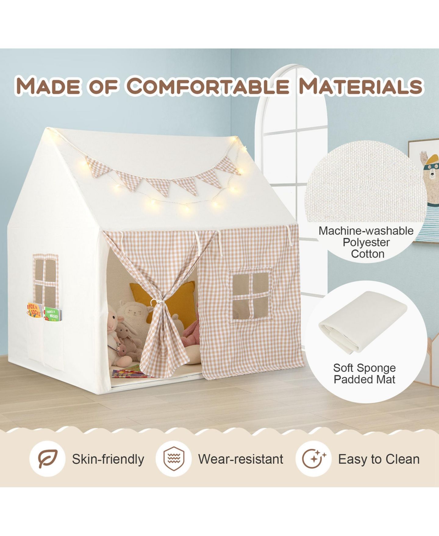 Детская игрушка Costway Large Playhouse with Padded Mat and Star Lights Play Tent, Ages 3+, цвет: Бежевый / Хаки — фото 7