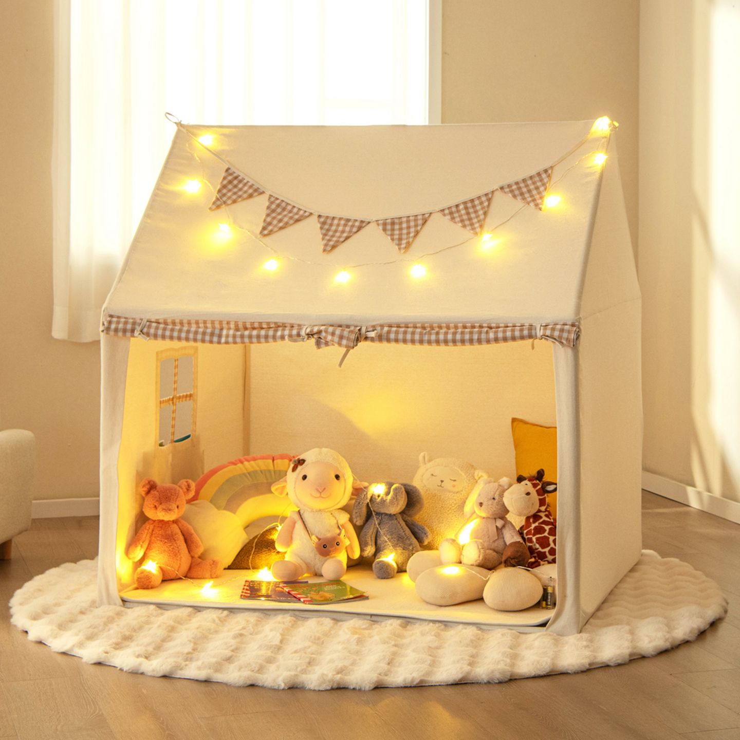 Детская игрушка Costway Large Playhouse with Padded Mat and Star Lights Play Tent, Ages 3+, цвет: Бежевый / Хаки — фото 1