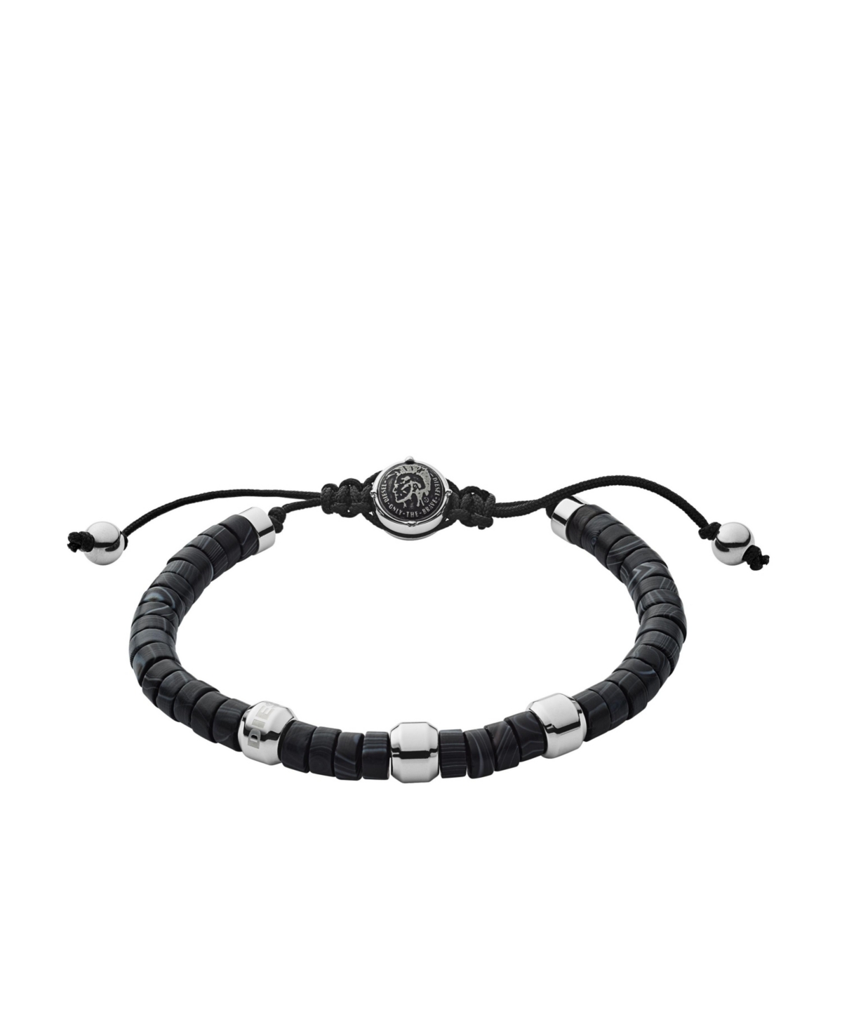 Men's Stainless-Steel and Black Line Agate Bead Bracelet - Black