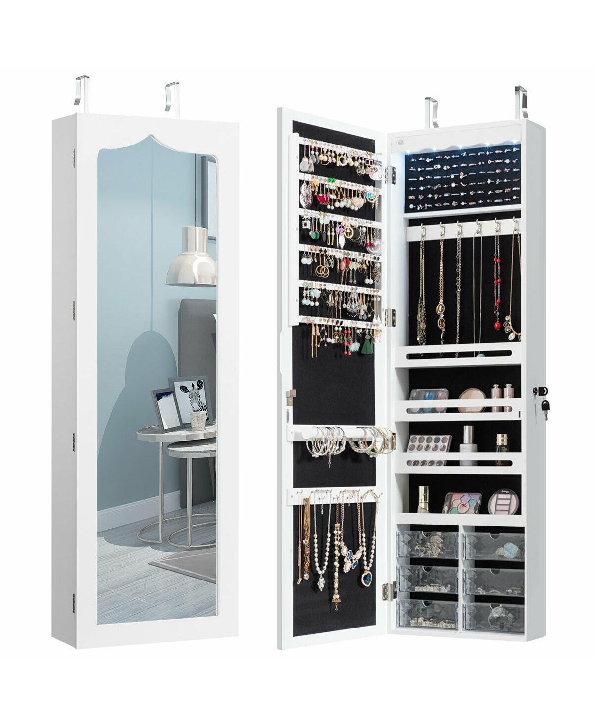 Door Hanging Mirror Jewelry Armoire with Full Length Mirror and 6 Drawers - White