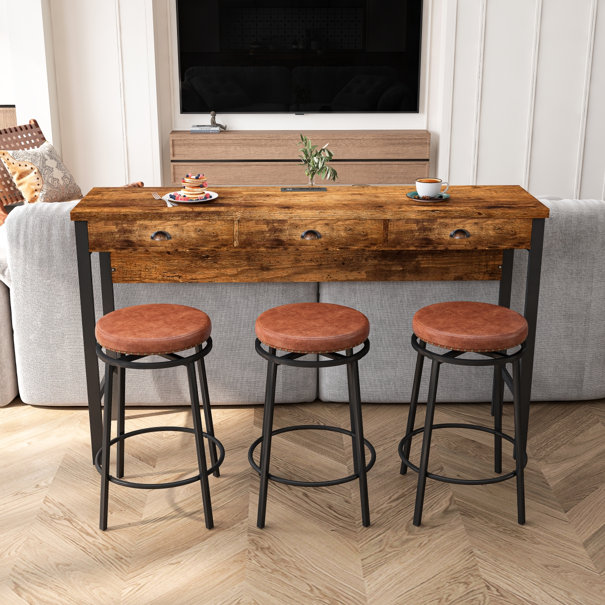 Simplie Fun 3-Drawer Long Dining Table Set with Power Outlets & Bar Kitchen Table Set with Circular Pu Stools, Easy Assemble