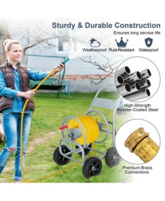 Garden Water Hose Reel Cart with 4 Wheels and Non-slip Grip - Silver