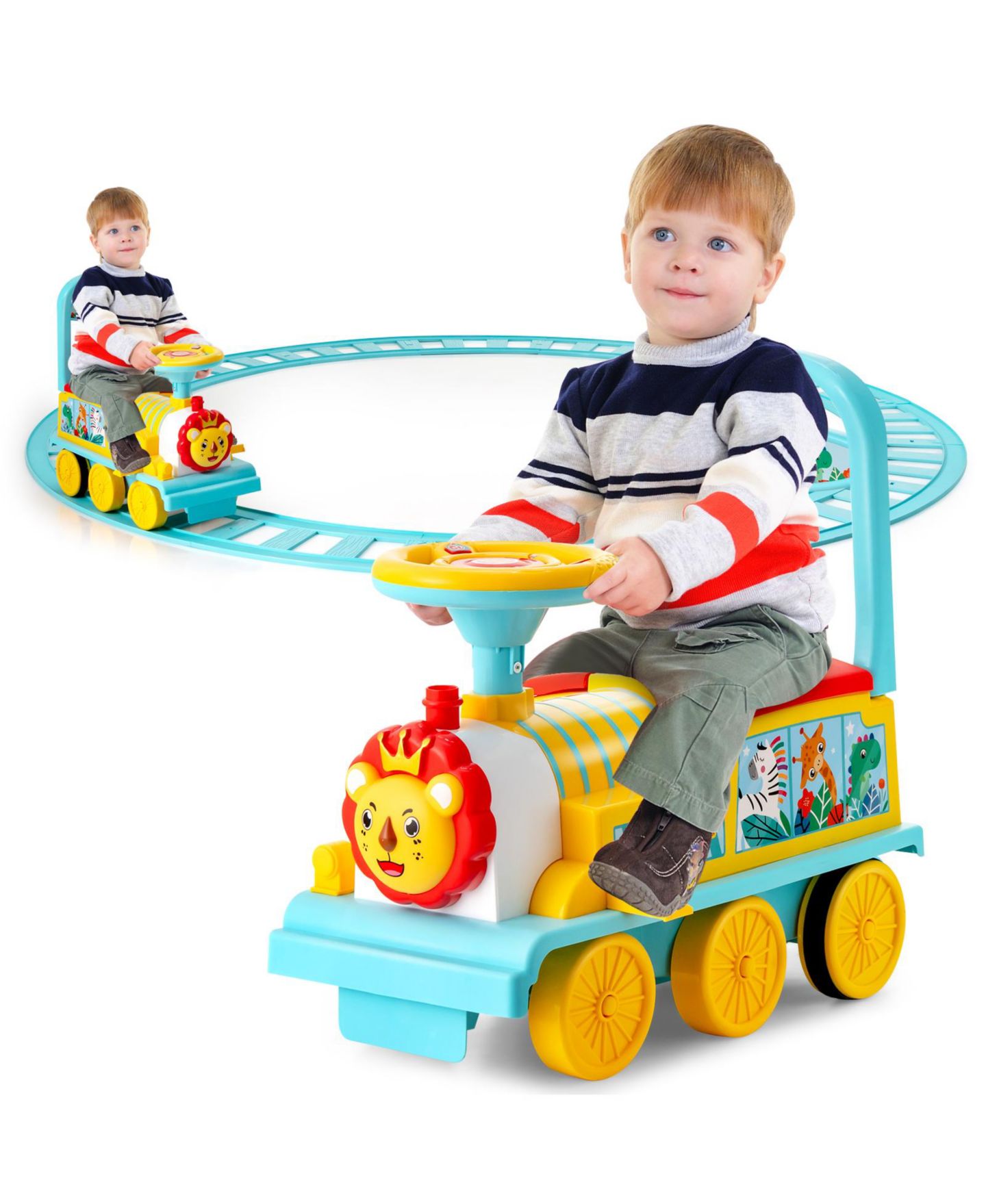 Детская игрушка Costway 6V Electric Train Ride-On Toy with 16 Tracks, Music & Lights, Ages 3+, цвет: Синий — фото 1
