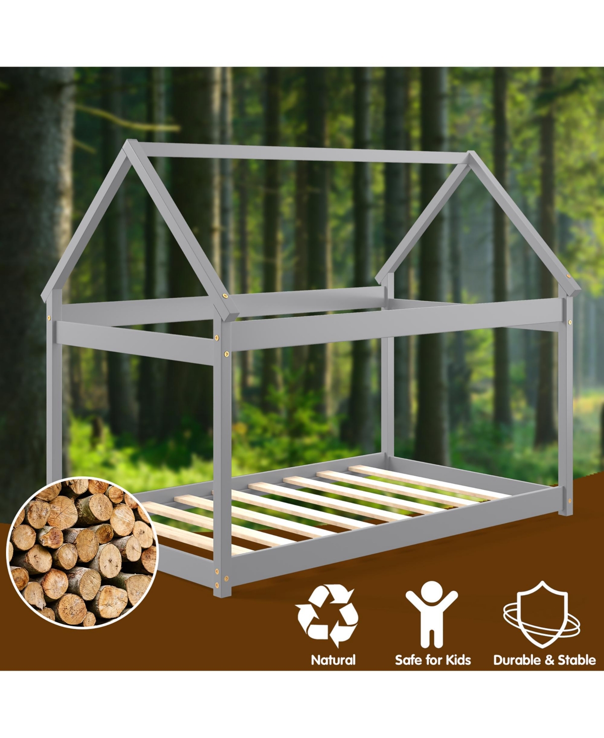 Costway Twin House Bed Wood Frame with Roof for Kids Toddler Box Spring