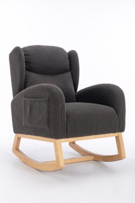 Teddy Fabric Rocking Chair With Packet Wood Legs, Dark Gray