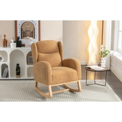 Streamdale Teddy Fabric Rocking Chair With Packet Wood Legs, Khaki