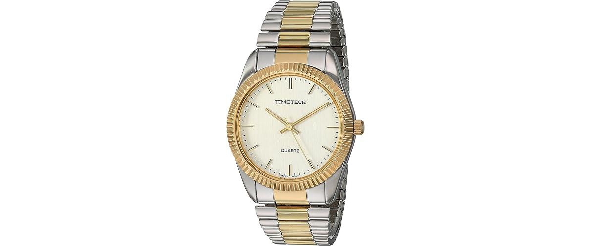 Men's Two Tone Expansion Watch with Stretch Bracelet and Ribbed Coin Edge Bezel - Silver