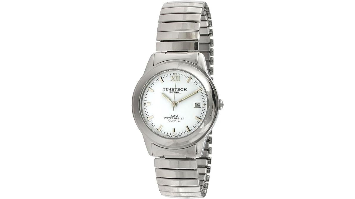 Men's Round Stainless Steel White Dial Expansion Watch - Silver
