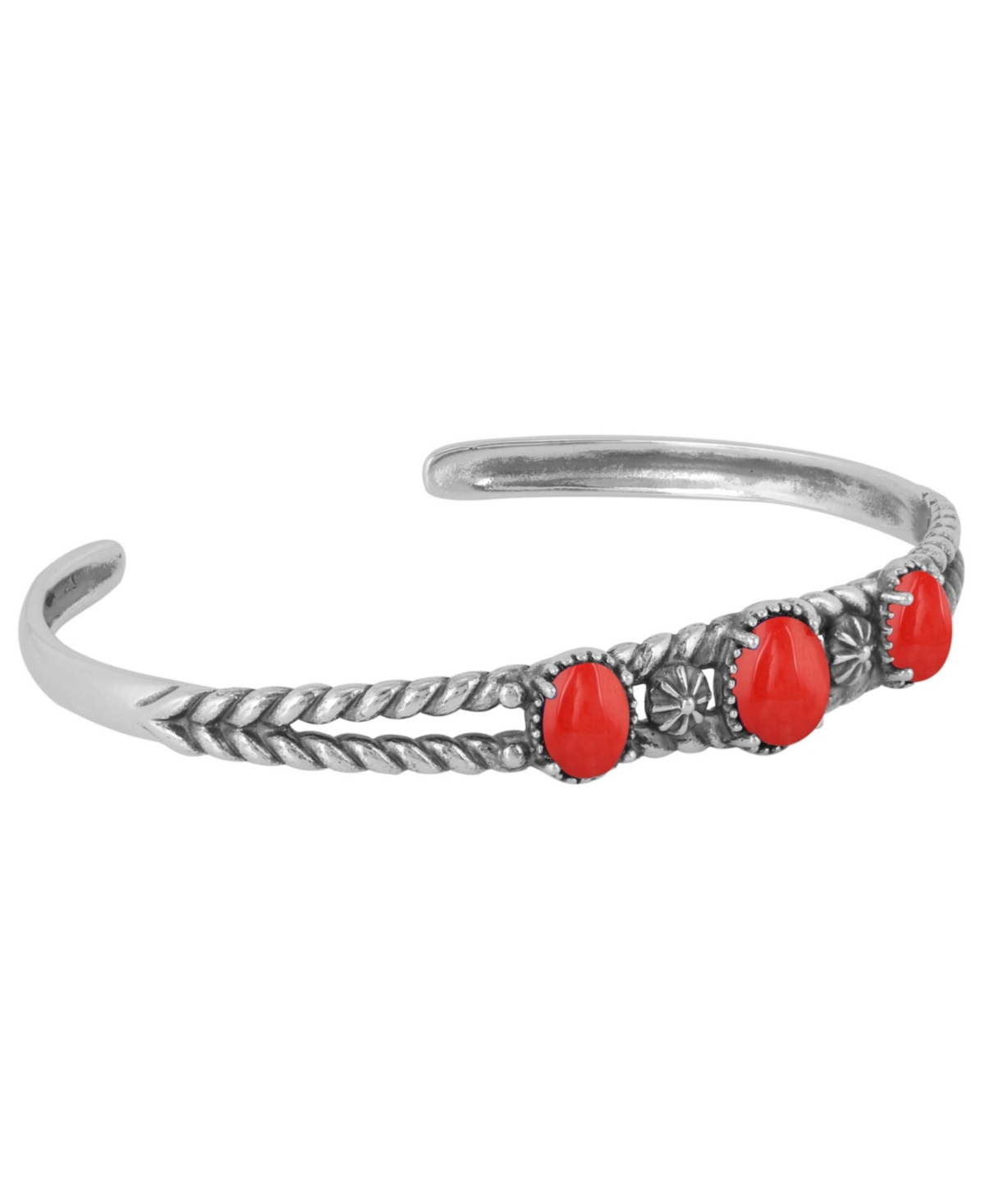 Sterling Silver Genuine Coral 3 Stone Cuff Bracelet Size Small - Large - Red coral