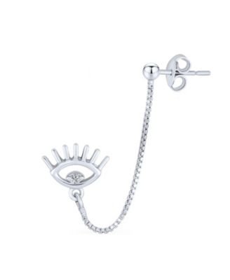 Eye lash CZ Accent Evil Eye Double Pierced Cartilage Ear Lobe Helix Chain Ball Ear Stud Earrings Body Piercing Sterling Silver