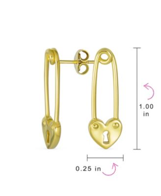 Love Lock Heart Safety Pin Dangle Earrings Gold Plated Sterling Silver