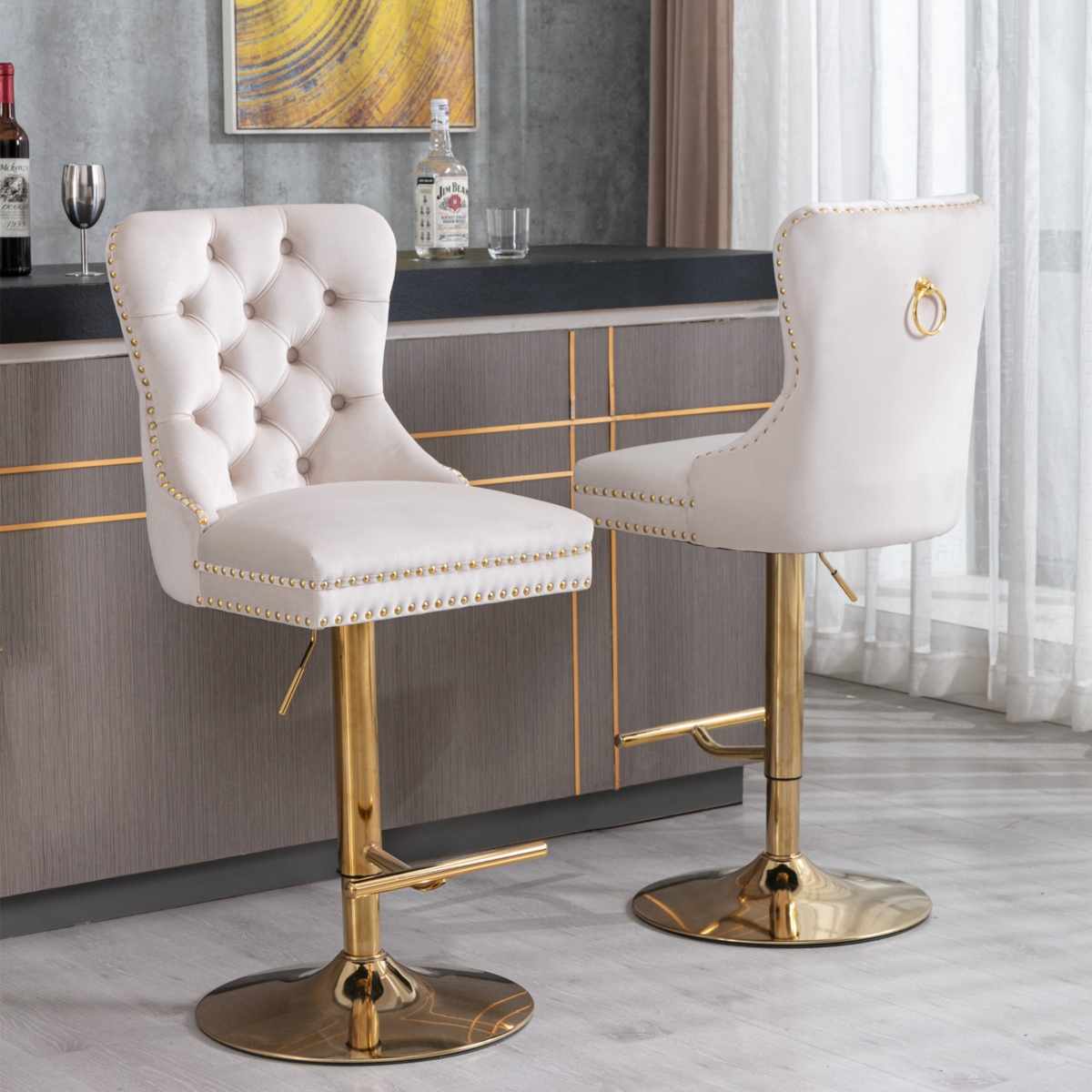 Simplie Fun Thick Golden Swivel Velvet Barstools Adjusatble Seat Height From 27-35 Inch