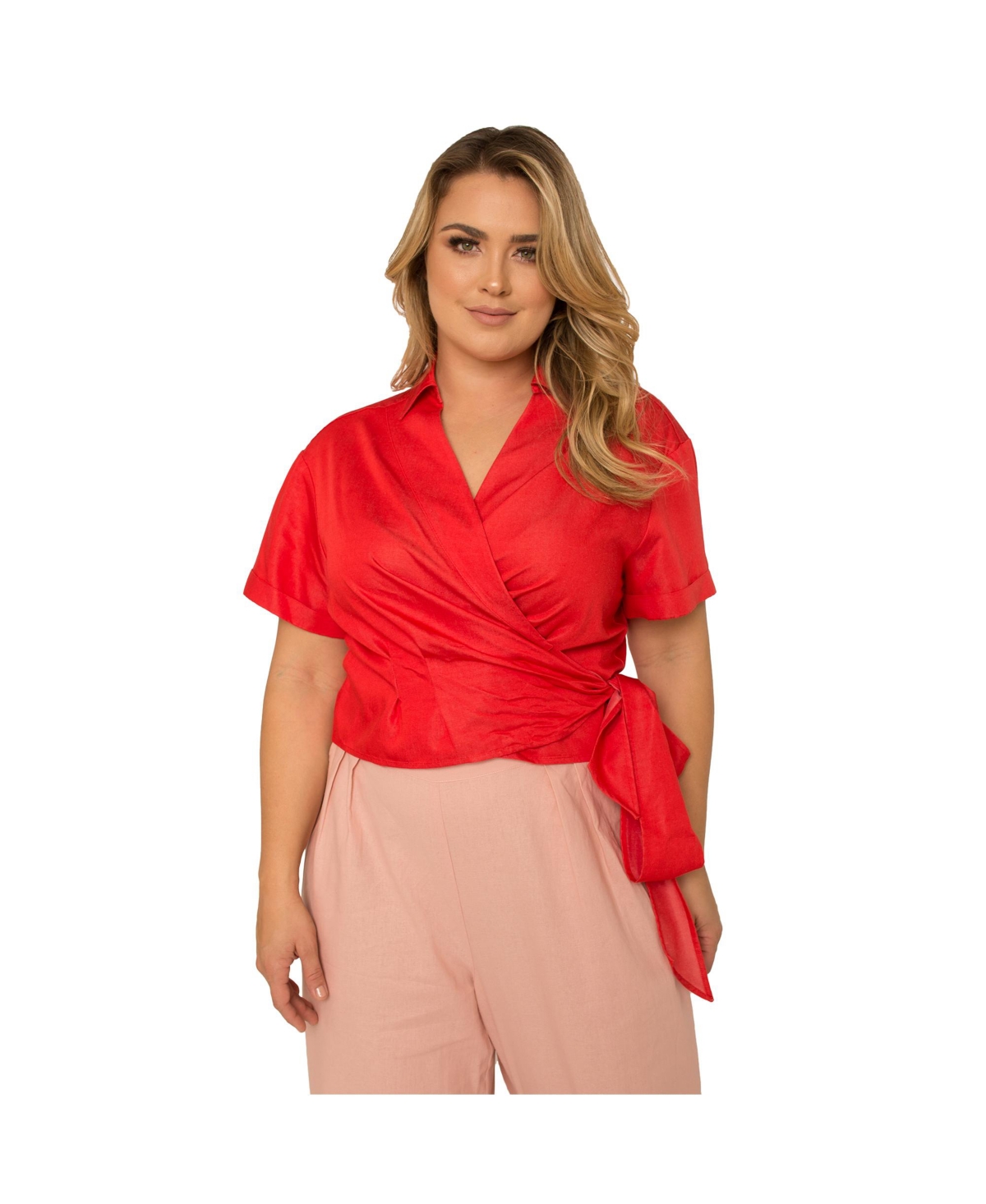 Plus Size Short Sleeve Tie Waist Wrap Blouse - Red