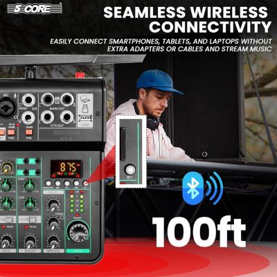 Audio Mixer 4 Channel • DJ Equipment Digital Sound Board • Karaoke XLR Mixers w Bluetooth USB