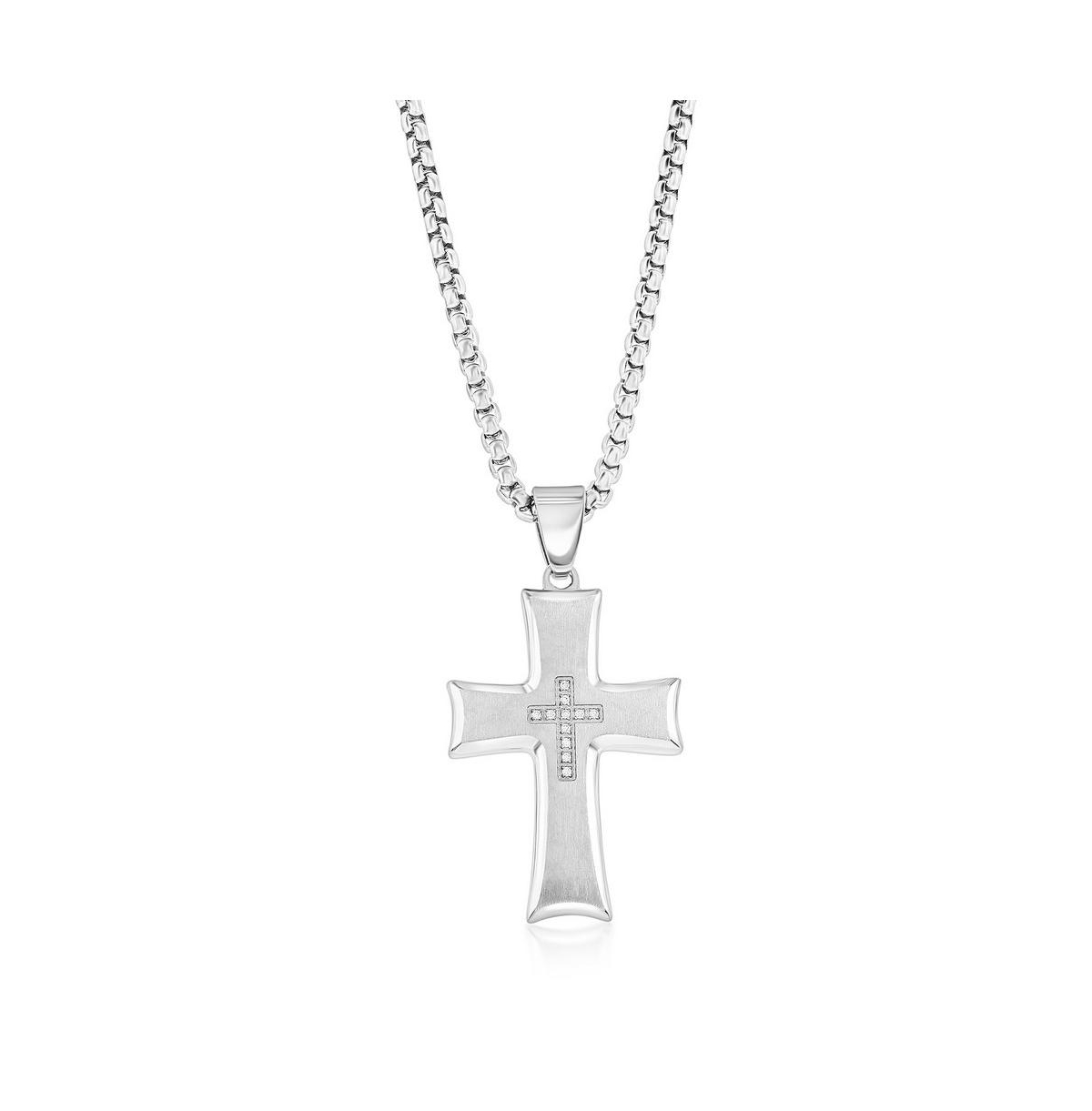 Stainless Steel Brushed and Polished Cz Cross Necklace - Silver