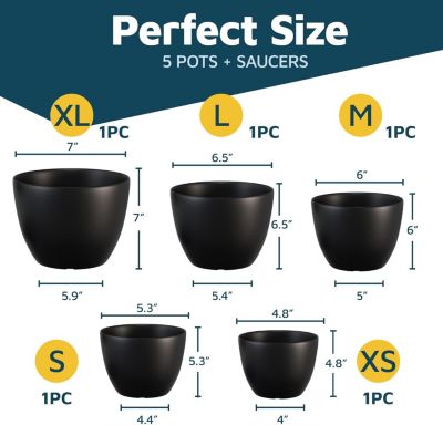 Black Plant Pots 20 Pack with Drainage Holes & Saucers, Stackable Indoor & Outdoor Plastic Planters for Houseplants & Flowers, Matte Finish