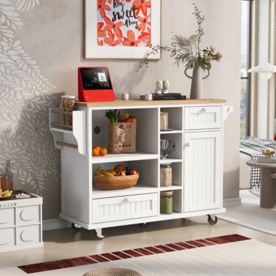 Solid Wood Kitchen Island Cart with Storage & Locking Wheels - White
