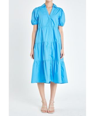 english factory puff sleeve tiered midi dress English Factory Women's Puff Sleeve Tiered Midi Dress