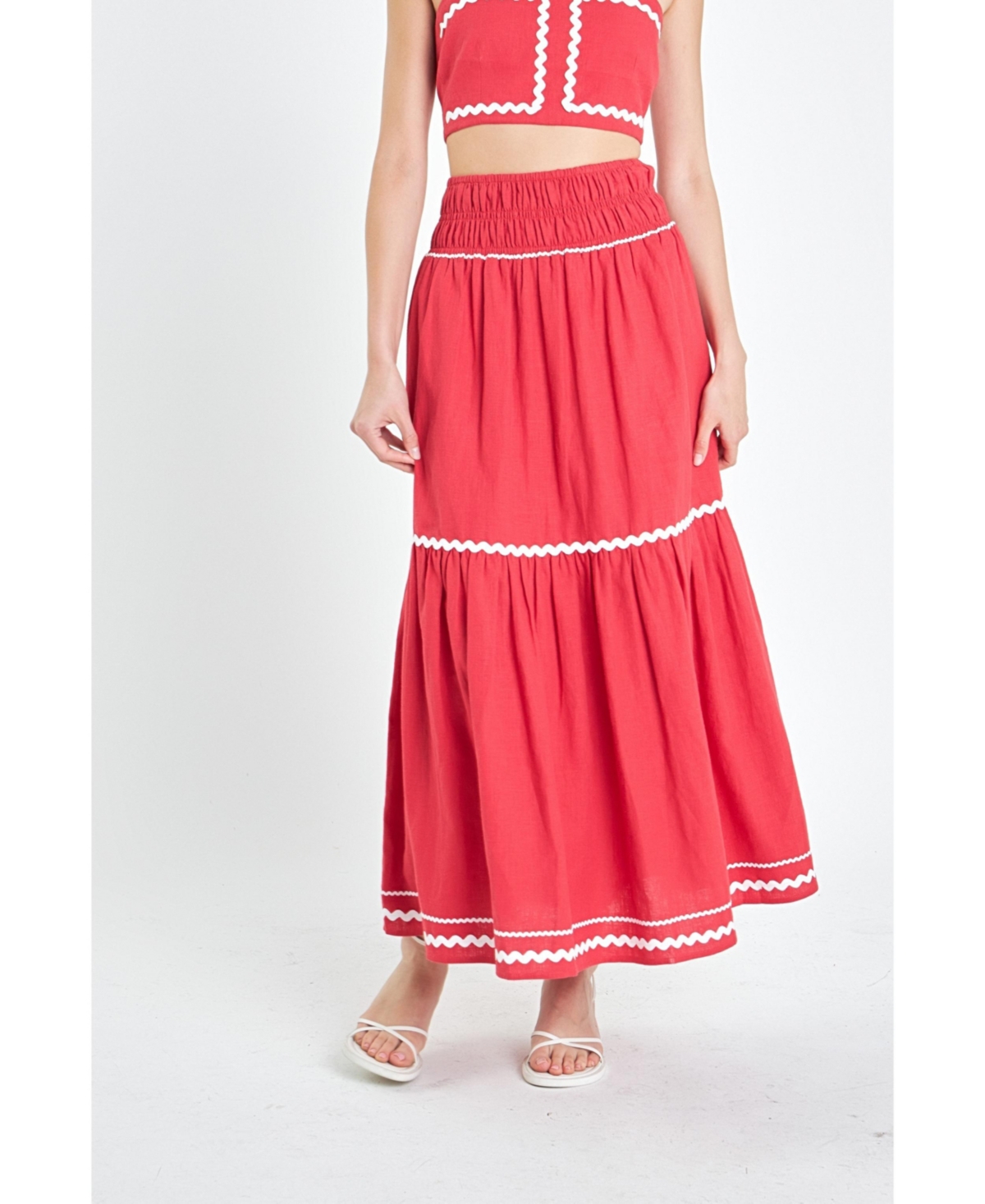 Women's Linen Maxi Skirt w/ Ric Rac Trim - Red